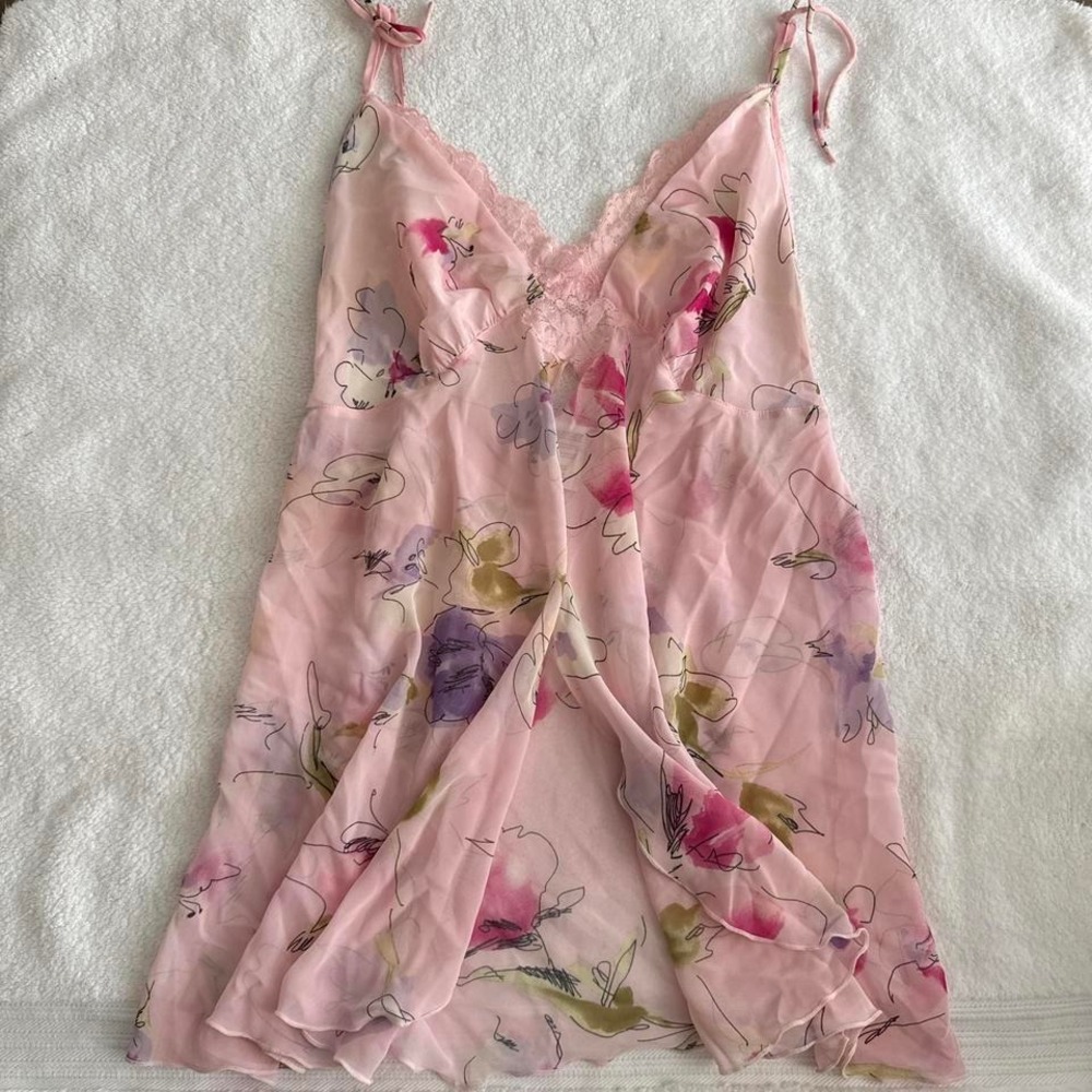 coquette fairy pink floral silk slip dress with lace trim